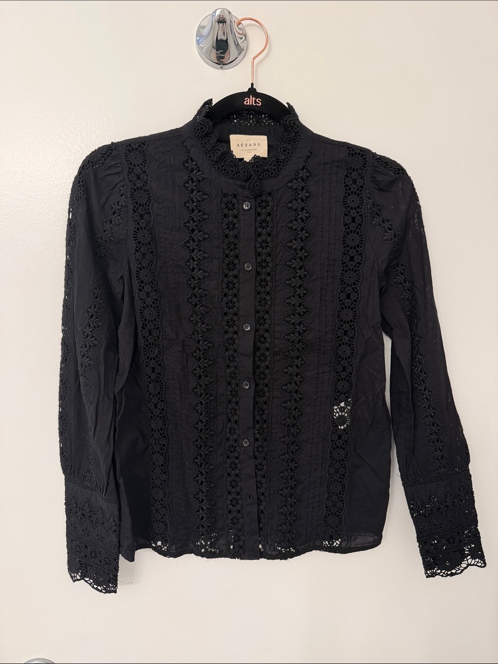 Sezane Black Lace-Panel Button Down Shirt